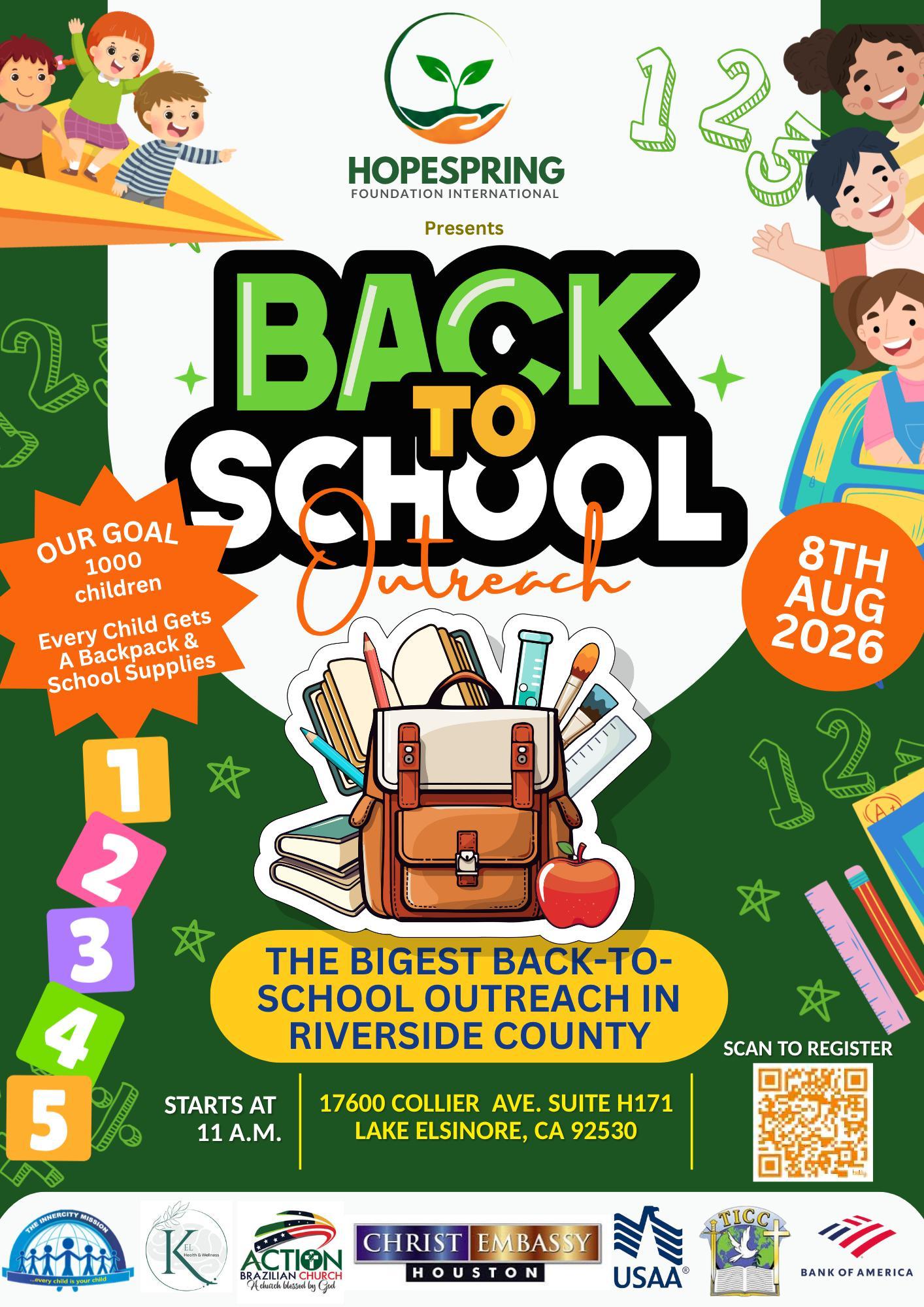 HopeSpring Back to School Outreach flyer — August 8, 2026, Lake Elsinore. Goal: 1000 children receive backpacks and school supplies.